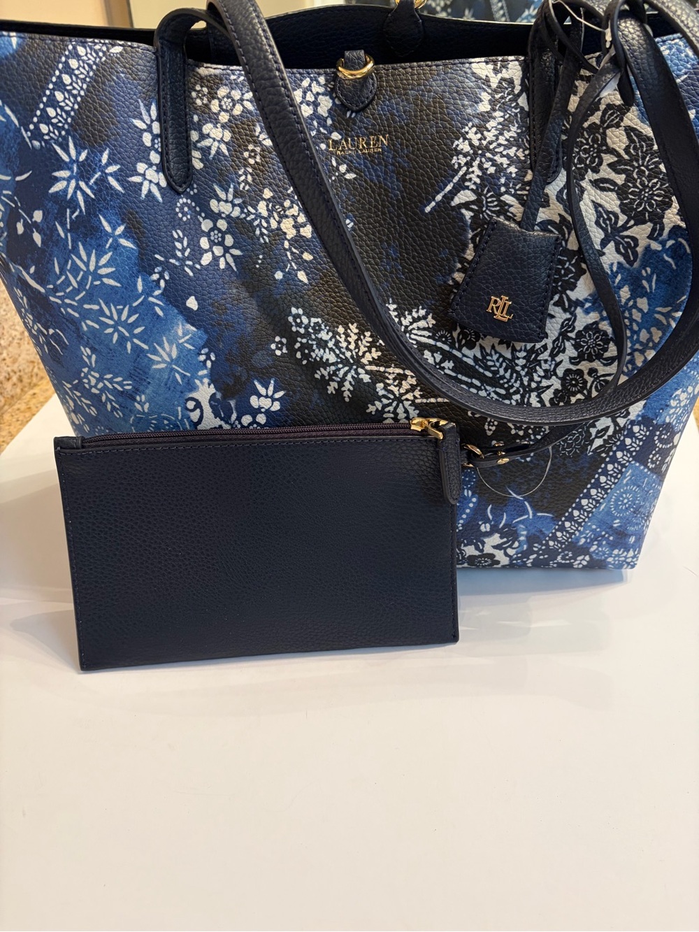 Lauren Ralph Lauren Navy and Blue Floral Tote with Navy Pouch- NWOT